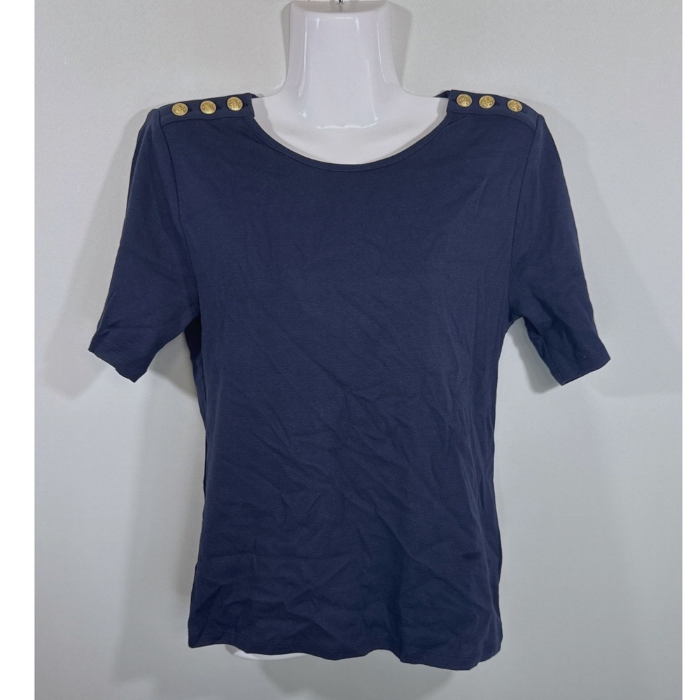 J.Crew Perfect Fit Navy Gold Crest Buttons Top Medium NWT Coastal Nautical - Picture 2 of 10